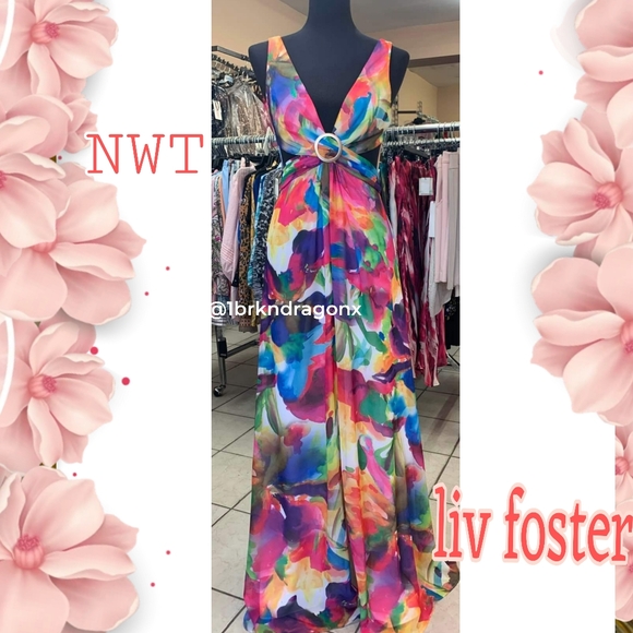NWT Cut Out Dress Tropical Beach Tye-Die Floral Floor Length Dress A-Line Slit - Picture 16 of 16